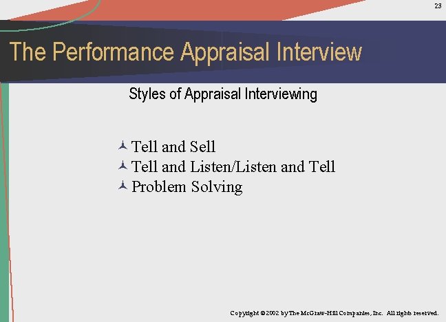 23 The Performance Appraisal Interview Styles of Appraisal Interviewing ©Tell and Sell ©Tell and