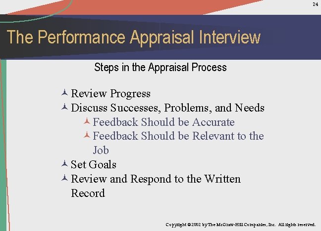 24 The Performance Appraisal Interview Steps in the Appraisal Process ©Review Progress ©Discuss Successes,