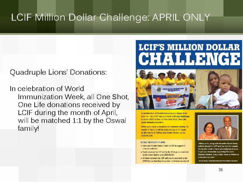 LCIF Million Dollar Challenge: APRIL ONLY Quadruple Lions’ Donations: In celebration of World Immunization