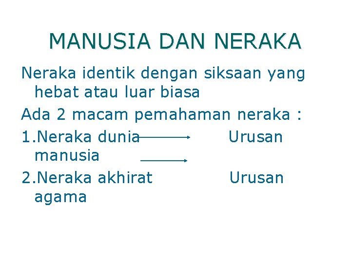 MANUSIA DAN NERAKA Neraka identik dengan siksaan yang hebat atau luar biasa Ada 2