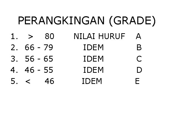 PERANGKINGAN (GRADE) 1. 2. 3. 4. 5. > 80 66 - 79 56 -
