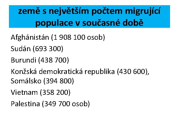 země s největším počtem migrující populace v současné době Afghánistán (1 908 100 osob)