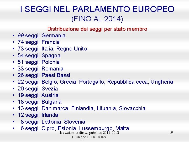 I SEGGI NEL PARLAMENTO EUROPEO (FINO AL 2014) • • • • Distribuzione dei