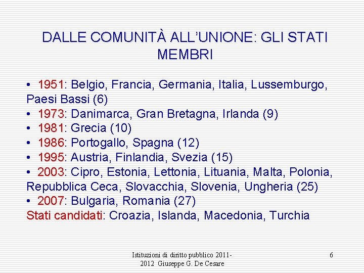 DALLE COMUNITÀ ALL’UNIONE: GLI STATI MEMBRI • 1951: 1951 Belgio, Francia, Germania, Italia, Lussemburgo,