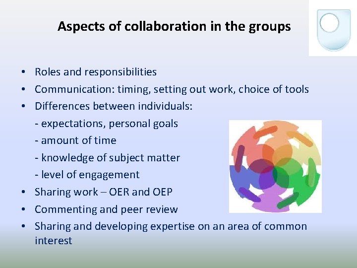 Aspects of collaboration in the groups • Roles and responsibilities • Communication: timing, setting