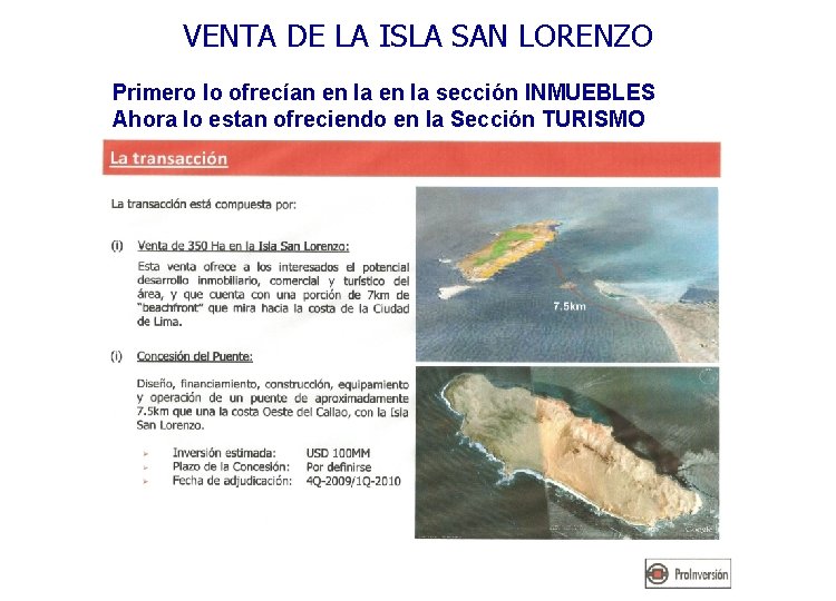 VENTA DE LA ISLA SAN LORENZO Primero lo ofrecían en la sección INMUEBLES Ahora