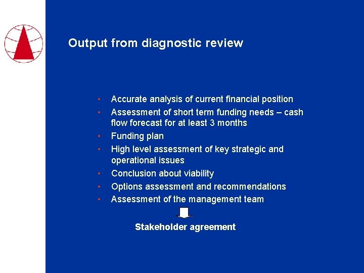 Output from diagnostic review • • Accurate analysis of current financial position Assessment of