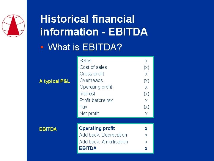 Historical financial information - EBITDA • What is EBITDA? A typical P&L EBITDA Sales