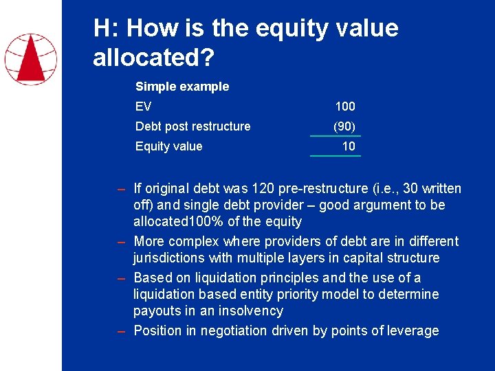 H: How is the equity value allocated? Simple example EV 100 Debt post restructure