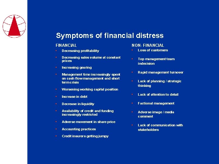Symptoms of financial distress FINANCIAL NON- FINANCIAL • Decreasing profitability • Loss of customers