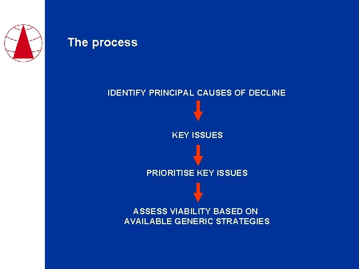 The process IDENTIFY PRINCIPAL CAUSES OF DECLINE KEY ISSUES PRIORITISE KEY ISSUES ASSESS VIABILITY