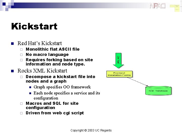 Kickstart n Red Hat’s Kickstart Monolithic flat ASCII file ¨ No macro language ¨