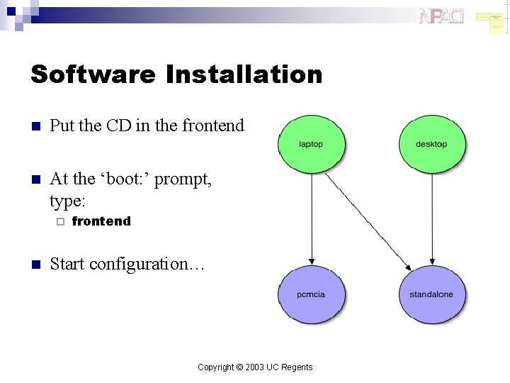 Software Installation n Put the CD in the frontend n At the ‘boot: ’