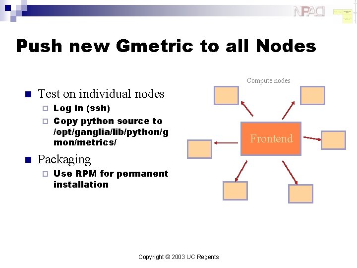 Push new Gmetric to all Nodes Compute nodes n Test on individual nodes Log