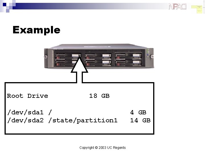 Example Root Drive 18 GB /dev/sda 1 / /dev/sda 2 /state/partition 1 Copyright ©