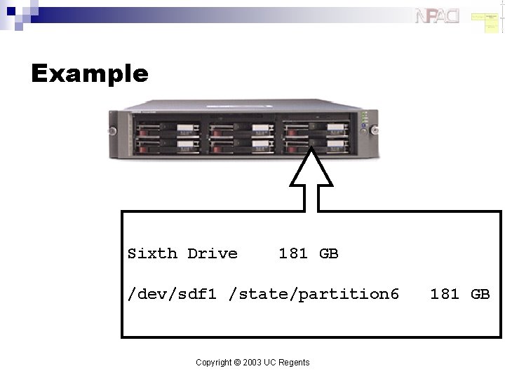 Example Sixth Drive 181 GB /dev/sdf 1 /state/partition 6 Copyright © 2003 UC Regents