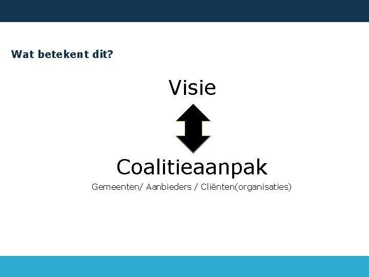 Wat betekent dit? Visie Coalitieaanpak Gemeenten/ Aanbieders / Cliënten(organisaties) 