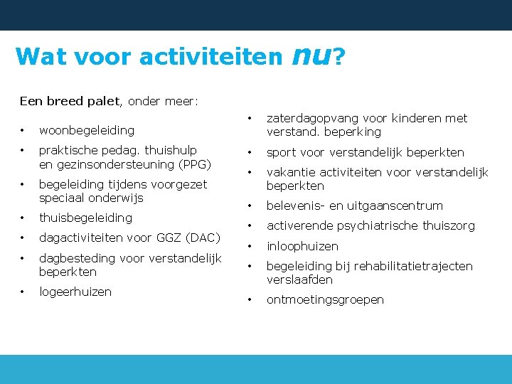 Wat voor activiteiten nu? Een breed palet, onder meer: • woonbegeleiding • praktische pedag.