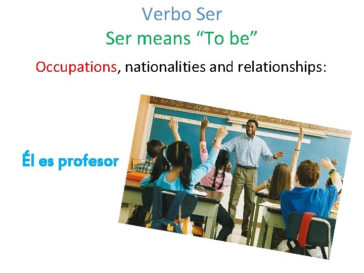 Verbo Ser means “To be” Occupations, nationalities and relationships: Él es profesor 