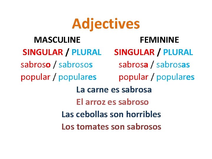 Adjectives MASCULINE FEMININE SINGULAR / PLURAL sabroso / sabrosos sabrosa / sabrosas popular /