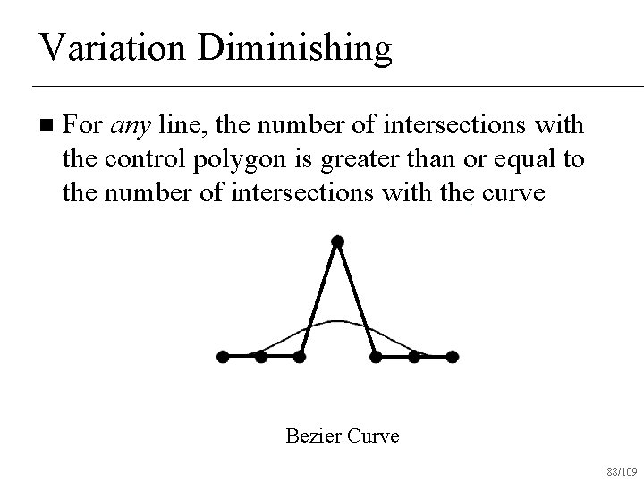 Variation Diminishing n For any line, the number of intersections with the control polygon