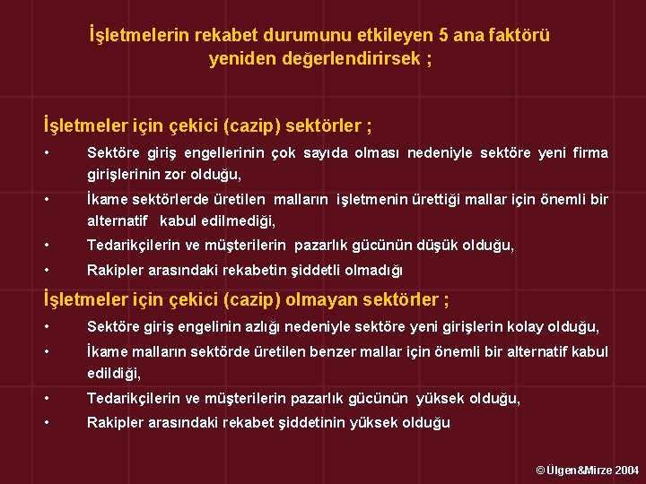 İşletmelerin rekabet durumunu etkileyen 5 ana faktörü yeniden değerlendirirsek ; İşletmeler için çekici (cazip)