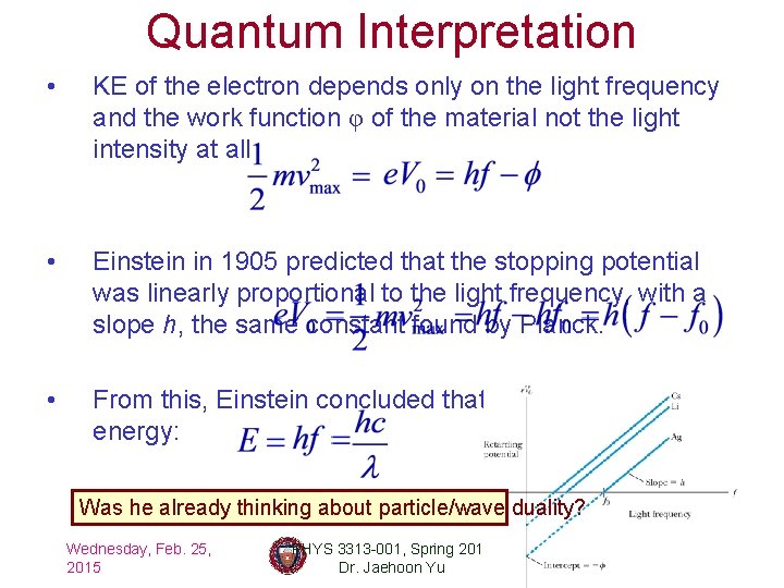 Quantum Interpretation • KE of the electron depends only on the light frequency and