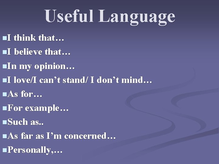 Useful Language n. I think that… n. I believe that… n. In my opinion…