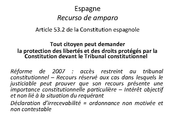 Espagne Recurso de amparo Article 53. 2 de la Constitution espagnole Tout citoyen peut