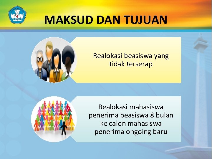 MAKSUD DAN TUJUAN Realokasi beasiswa yang tidak terserap Realokasi mahasiswa penerima beasiswa 8 bulan