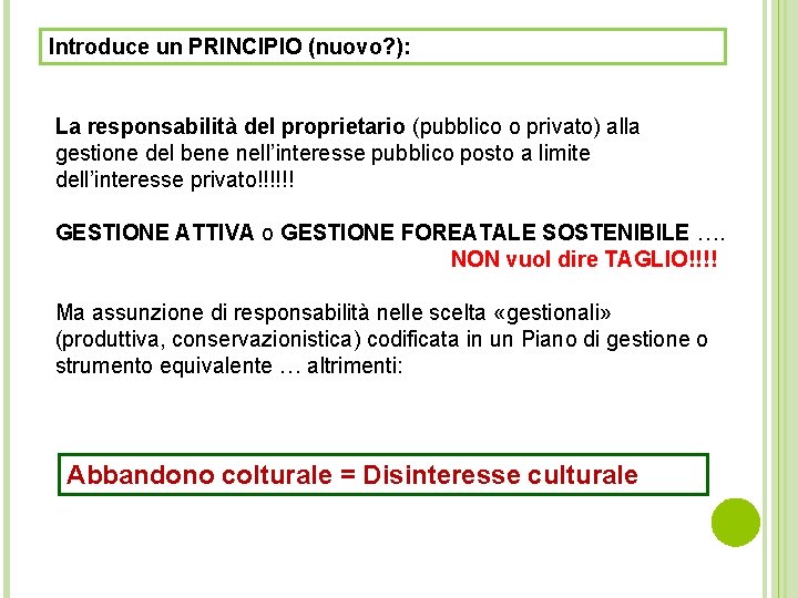 Introduce un PRINCIPIO (nuovo? ): La responsabilità del proprietario (pubblico o privato) alla gestione