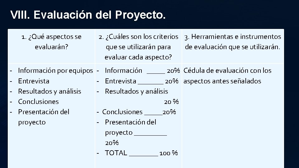 VIII. Evaluación del Proyecto. 1. ¿Qué aspectos se evaluarán? Información por equipos Entrevista Resultados