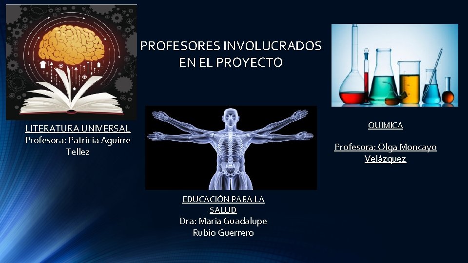 PROFESORES INVOLUCRADOS EN EL PROYECTO BIOLOGIA QUÍMICA LITERATURA UNIVERSAL Profesora: Patricia Aguirre Tellez Profesora: