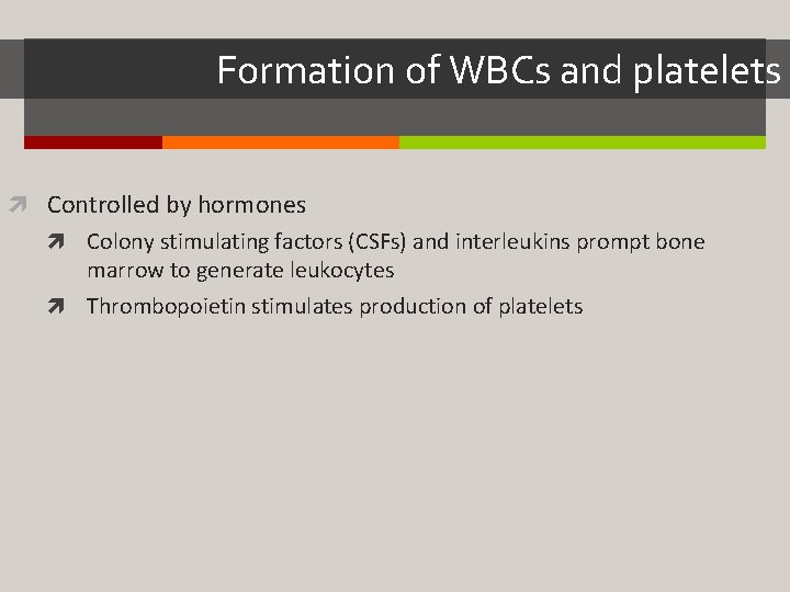 Formation of WBCs and platelets Controlled by hormones Colony stimulating factors (CSFs) and interleukins