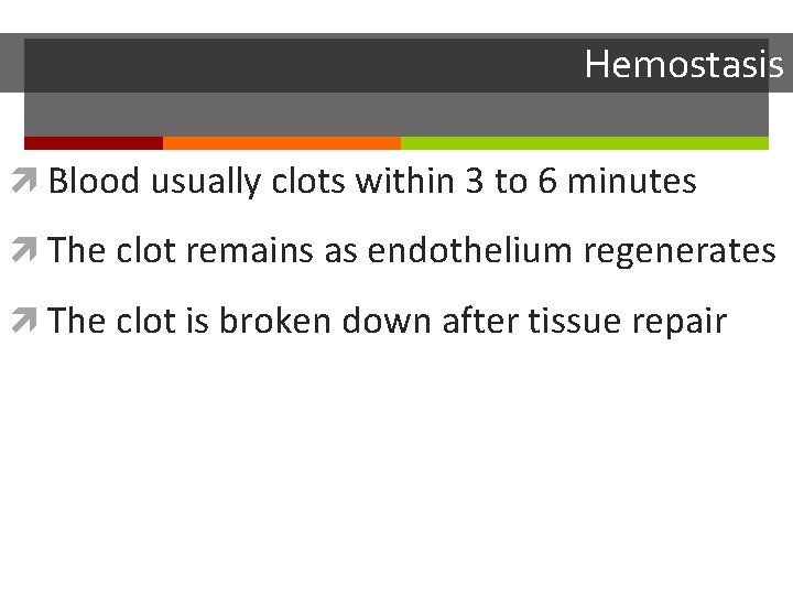 Hemostasis Blood usually clots within 3 to 6 minutes The clot remains as endothelium