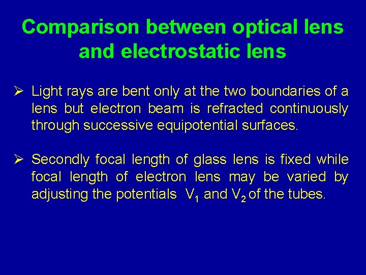 Comparison between optical lens and electrostatic lens Ø Light rays are bent only at