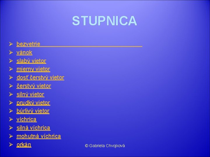STUPNICA Ø Ø Ø Ø bezvetrie vánok slabý vietor mierny vietor dosť čerstvý vietor