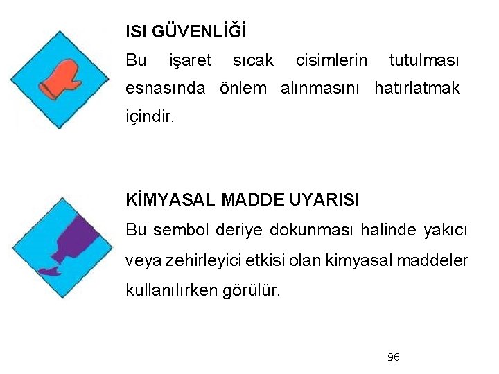 ISI GÜVENLİĞİ Bu işaret sıcak cisimlerin tutulması esnasında önlem alınmasını hatırlatmak içindir. KİMYASAL MADDE