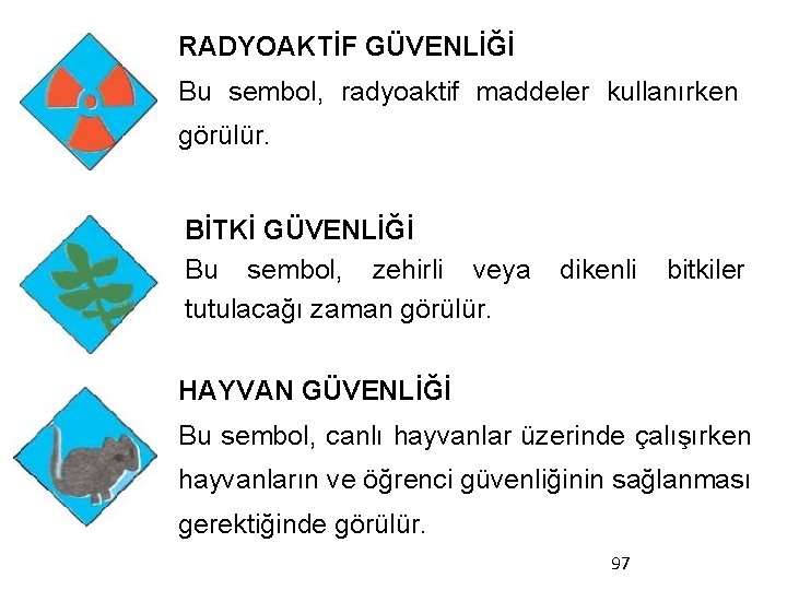 RADYOAKTİF GÜVENLİĞİ Bu sembol, radyoaktif maddeler kullanırken görülür. BİTKİ GÜVENLİĞİ Bu sembol, zehirli veya