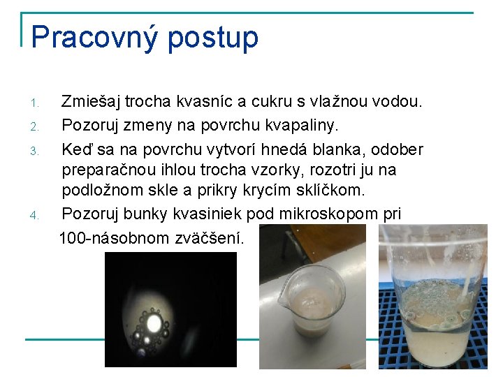 Pracovný postup 1. 2. 3. 4. Zmiešaj trocha kvasníc a cukru s vlažnou vodou.