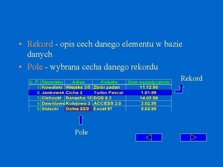  • Rekord - opis cech danego elementu w bazie danych • Pole -