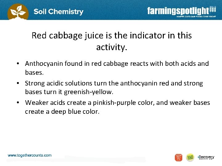 Red cabbage juice is the indicator in this activity. • Anthocyanin found in red