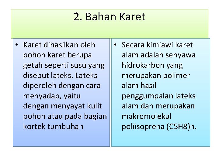 2. Bahan Karet • Karet dihasilkan oleh • Secara kimiawi karet pohon karet berupa