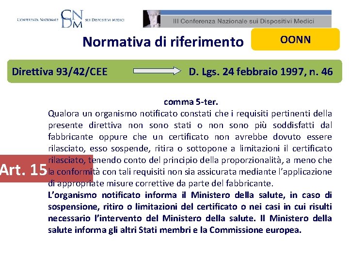 Normativa di riferimento Direttiva 93/42/CEE Art. 15 OONN D. Lgs. 24 febbraio 1997, n.