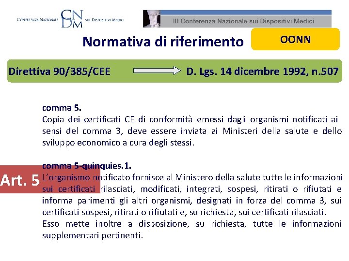 Normativa di riferimento Direttiva 90/385/CEE Art. 5 OONN D. Lgs. 14 dicembre 1992, n.