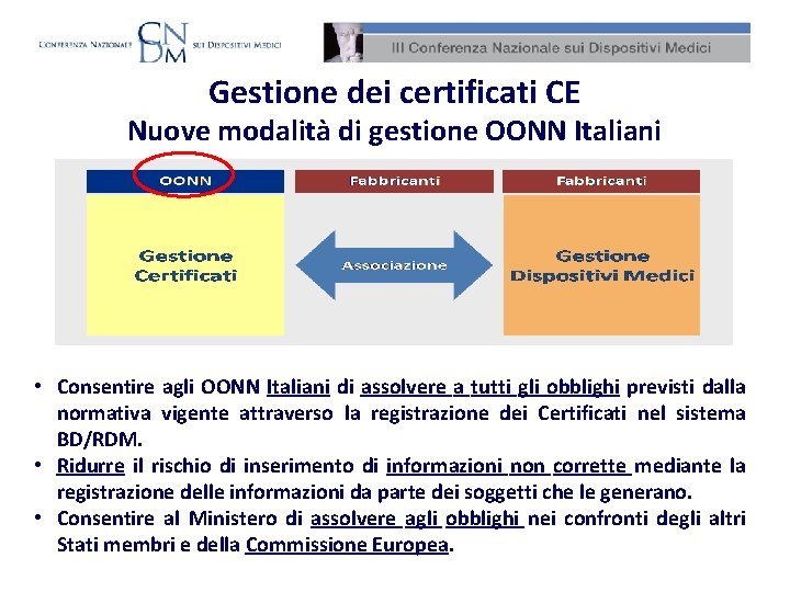 Gestione dei certificati CE Nuove modalità di gestione OONN Italiani • Consentire agli OONN