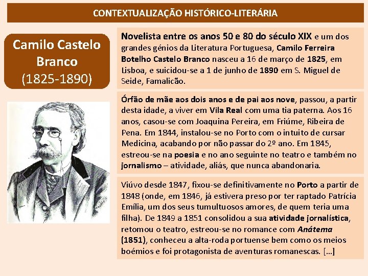 CONTEXTUALIZAÇÃO HISTÓRICO-LITERÁRIA Camilo Castelo Branco (1825 -1890) Novelista entre os anos 50 e 80