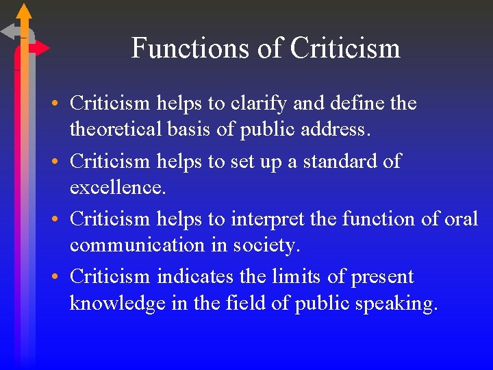Functions of Criticism • Criticism helps to clarify and define theoretical basis of public