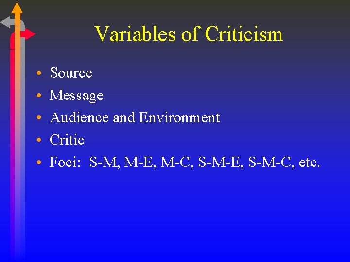 Variables of Criticism • • • Source Message Audience and Environment Critic Foci: S-M,