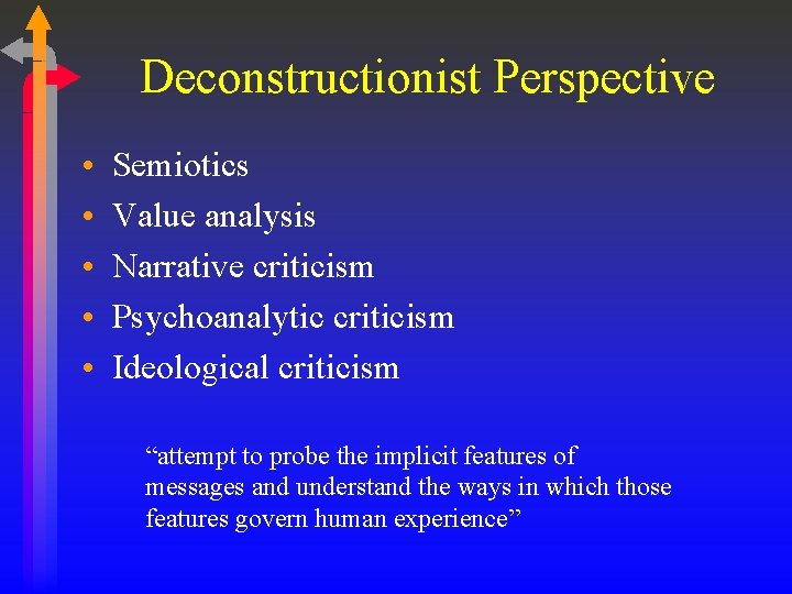 Deconstructionist Perspective • • • Semiotics Value analysis Narrative criticism Psychoanalytic criticism Ideological criticism